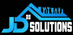 JD Solutions logo with blue roof, house window, and white text on black background