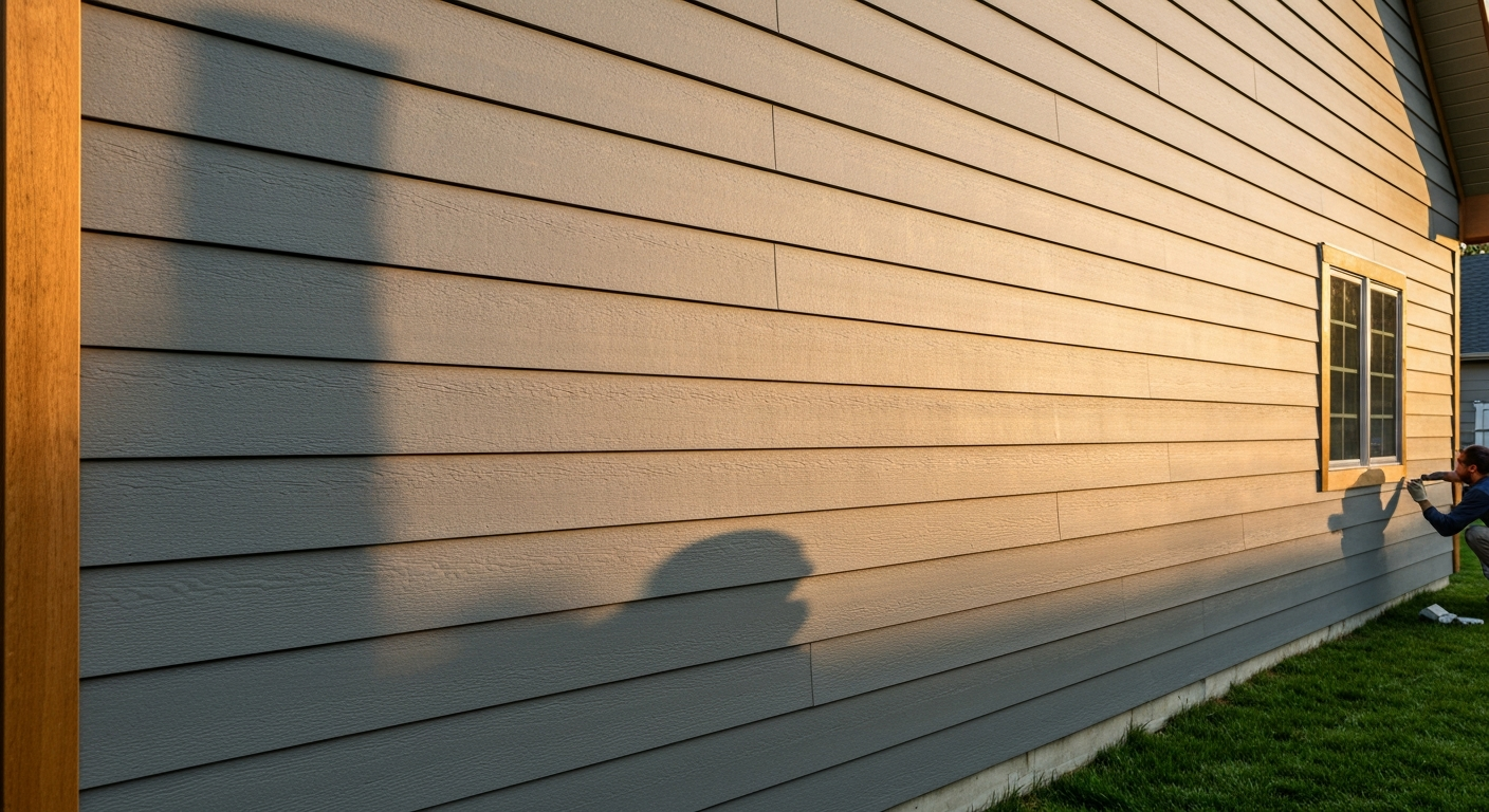 Side of a beige house in warm sunlight with a small window and green lawn beside it.