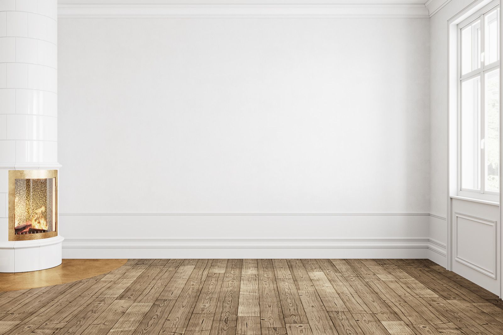 Bright empty room with white walls, wooden floor, fireplace, and tall windowed door