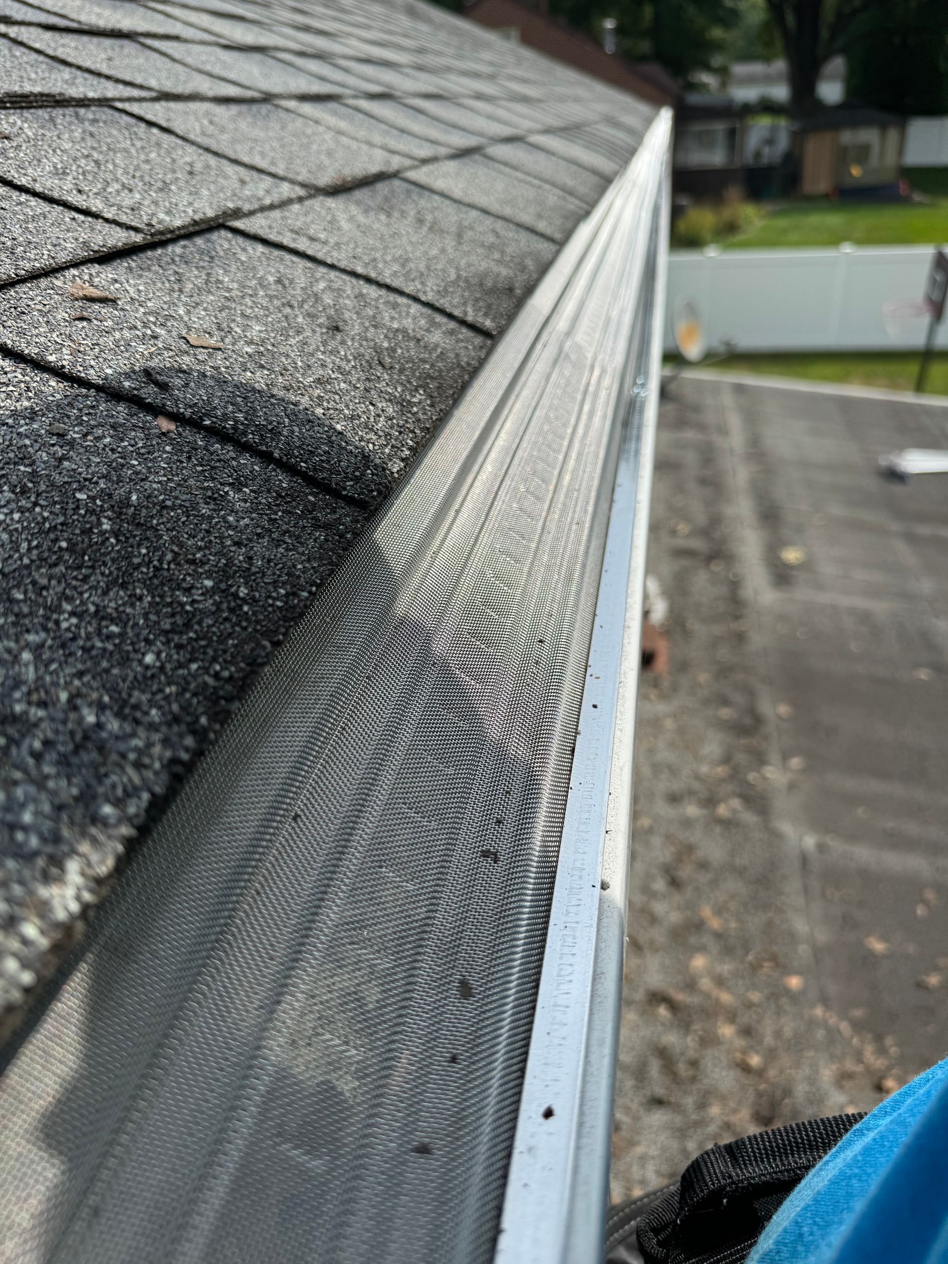 Close-up of a roof gutter beside asphalt shingles, showing wet or textured debris buildup.