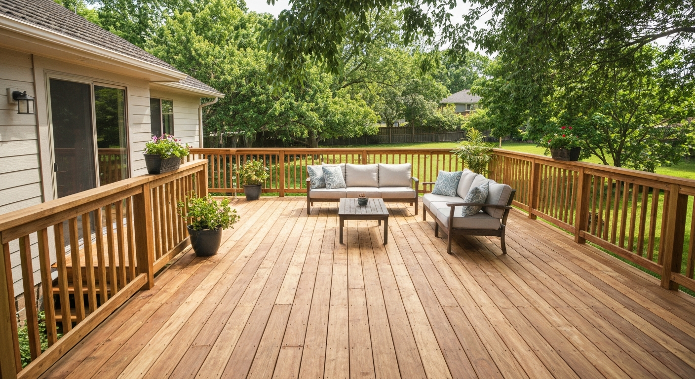 Wooden deck with outdoor seating, railing, and trees in a backyard