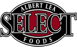 Albert Lea Select Foods logo with black oval, red center, and white lettering