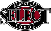 Albert Lea Select Foods logo with black oval, red center, and white lettering
