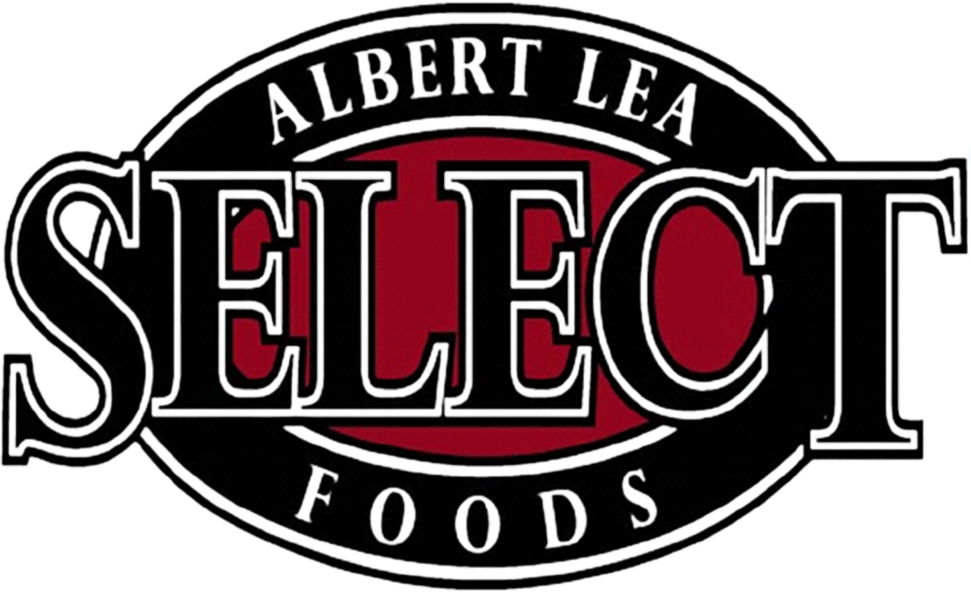 Albert Lea Select Foods logo with black oval, red center, and white lettering