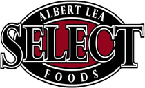 Albert Lea Select Foods logo with black oval, red center, and white lettering