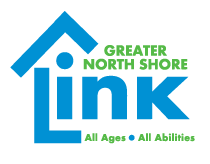 Logo for Greater North Shore Link. Blue house-shaped