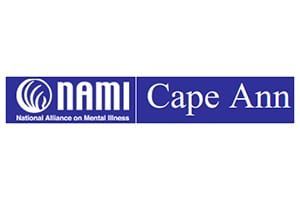Logo for NAMI Cape Ann. Blue background with white text. NAMI logo on the left.