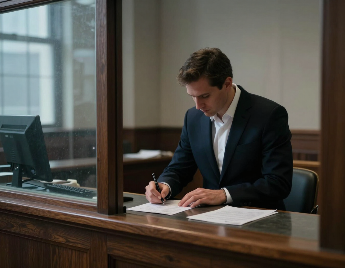 Man in a dark suit writing at a desk behind a glass partition in an office
