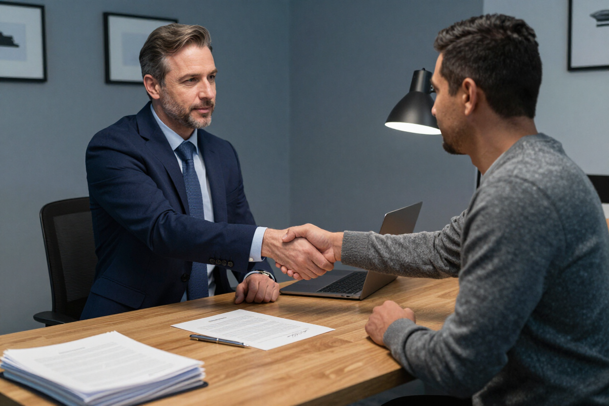 Bail bonds agent and client shaking hands after signing a payment agreement