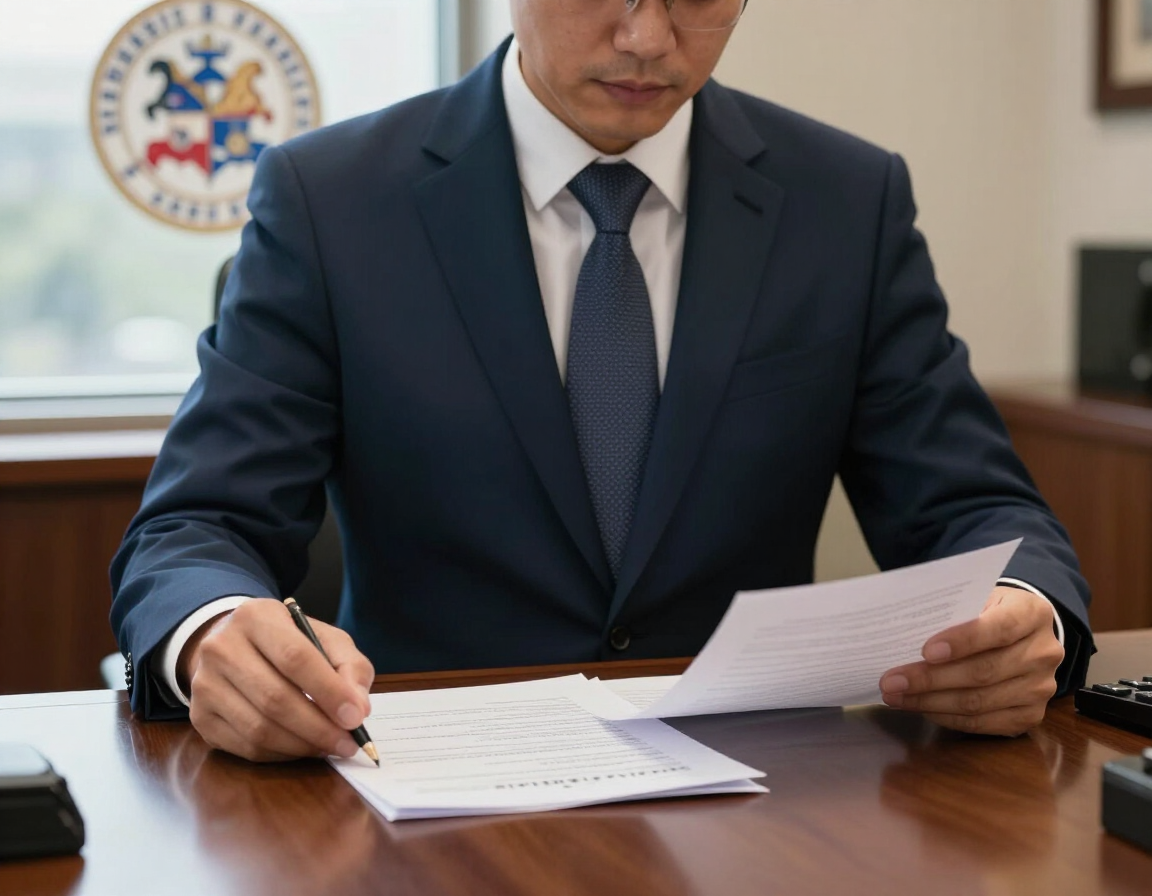 Man in navy suit signing documents at a wooden desk in an office, with a seal on the wall behind him