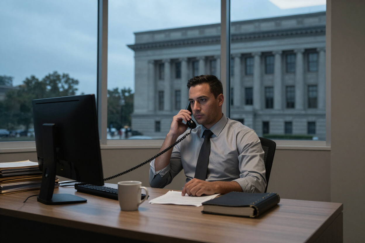 Man at office desk on the phone, with computer, coffee mug, and city building visible through the window.