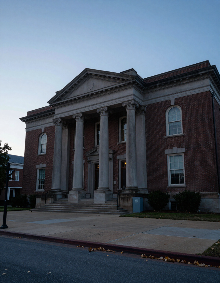 Brick civic building with white columns and steps, seen from the street at dusk.