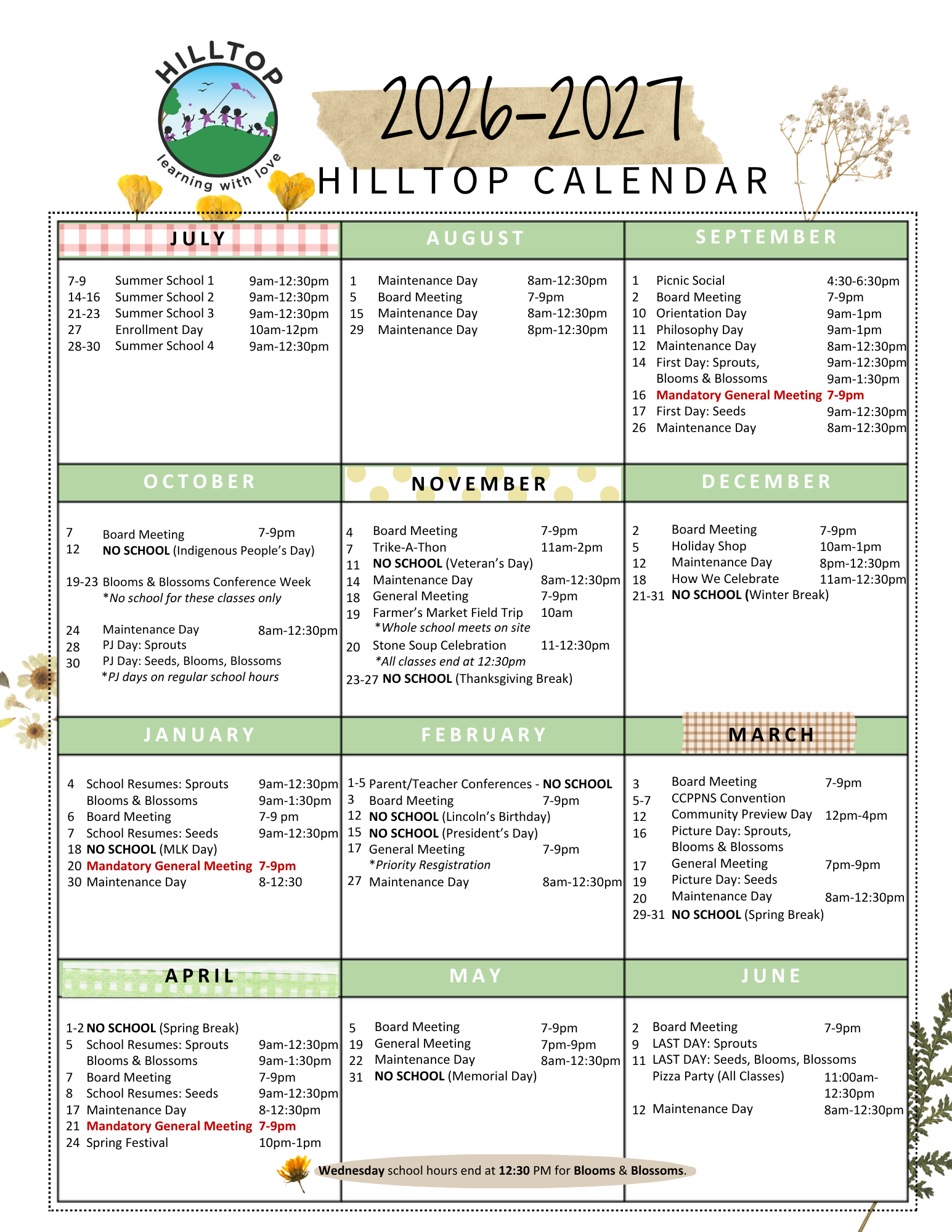 2020–2021 Hilltop calendar poster with monthly event lists in green and white