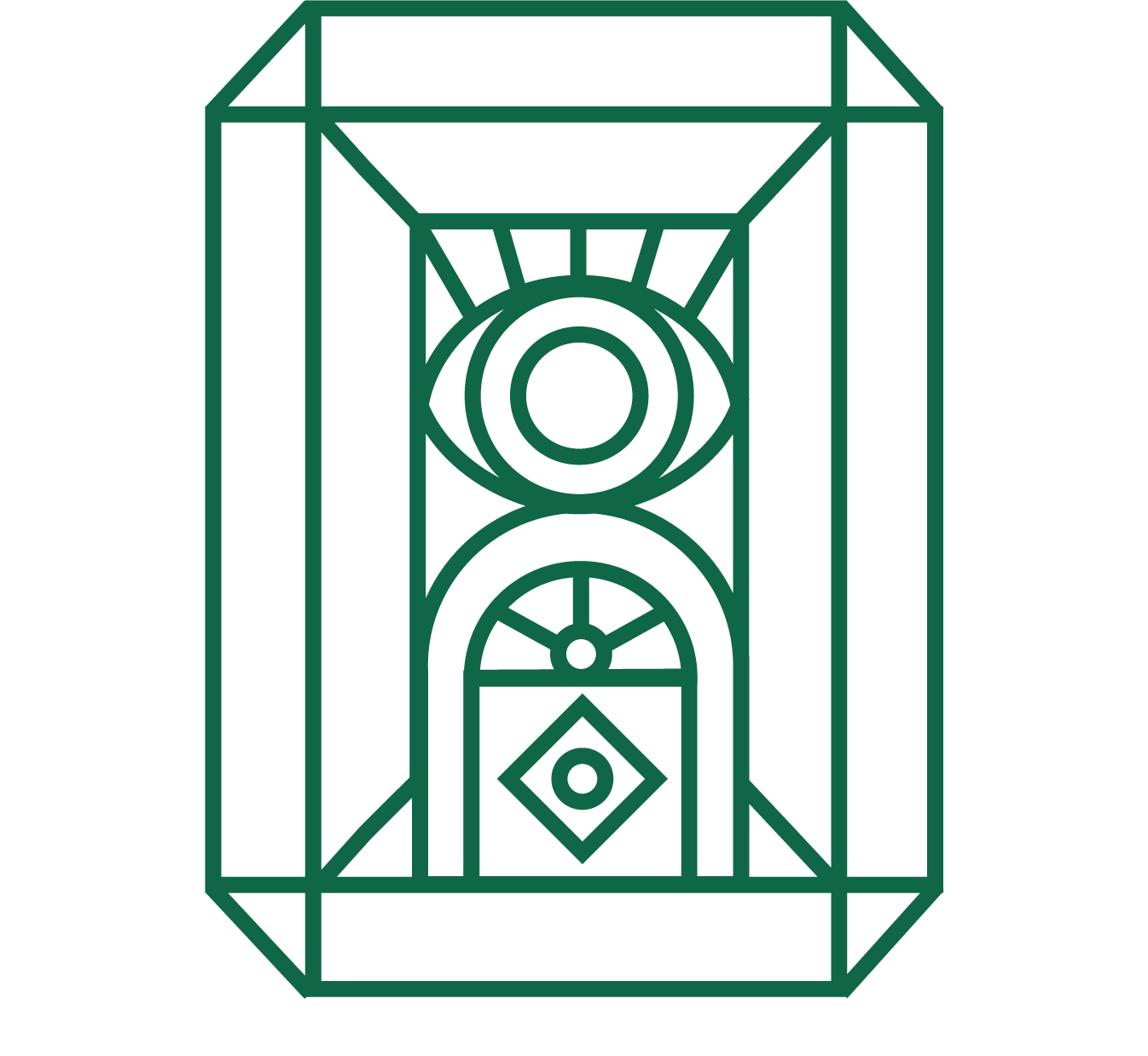 A green line drawing of an emerald cut diamond with an eye in the middle.
