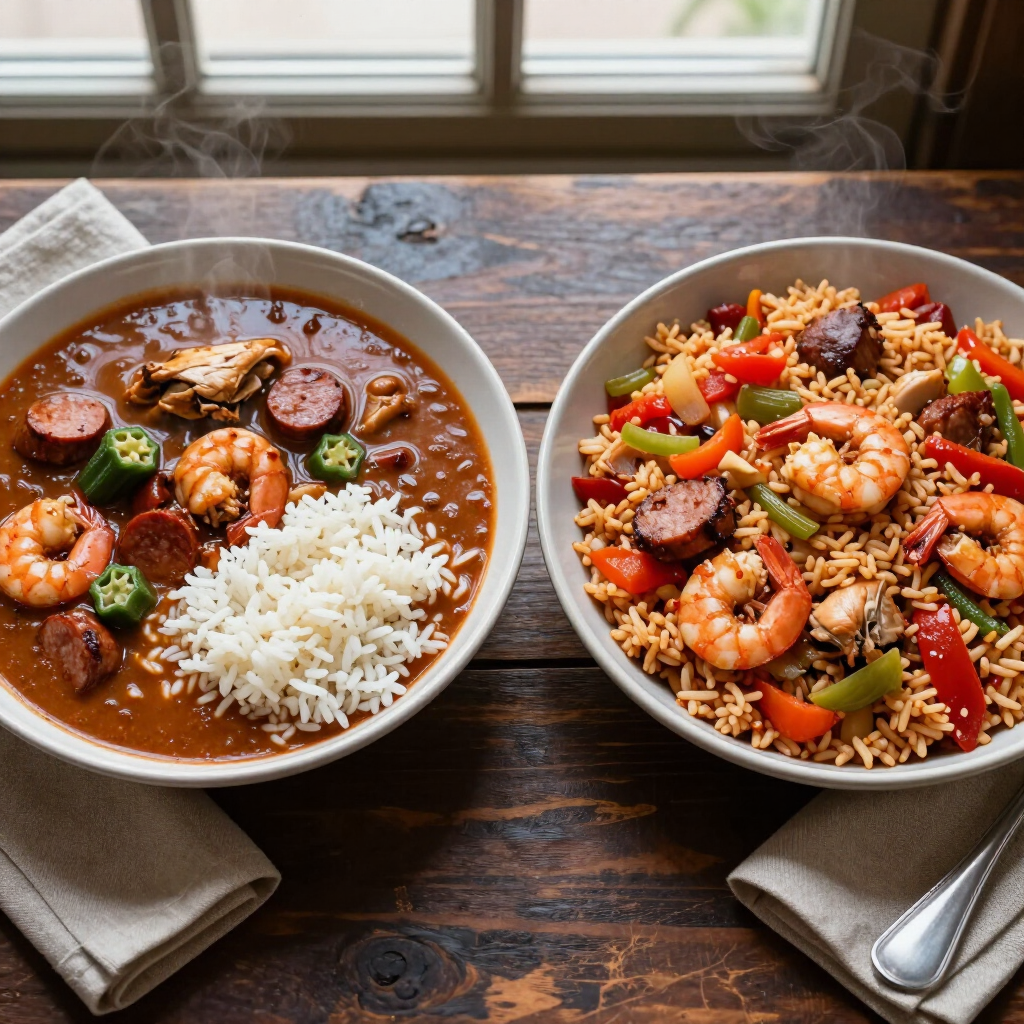 Two bowls of shrimp gumbo and rice on a wooden table by a window