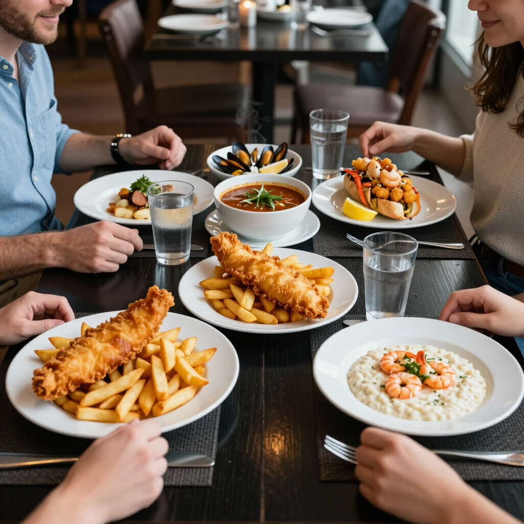 Friends sharing fried fish and pasta at a restaurant table with water glasses and bowls of soup.