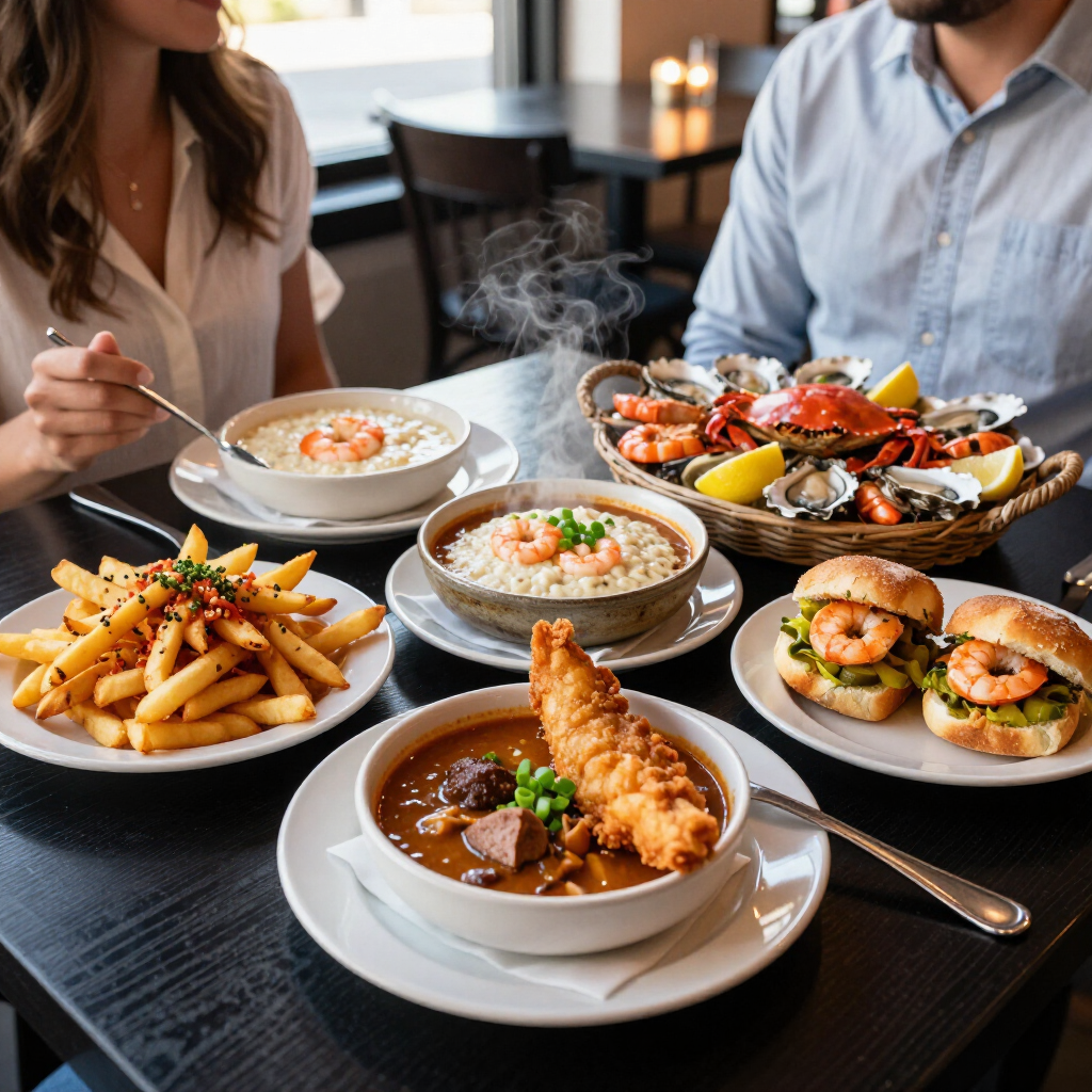 Table full of plated dishes in a restaurant, with two people seated and serving themselves