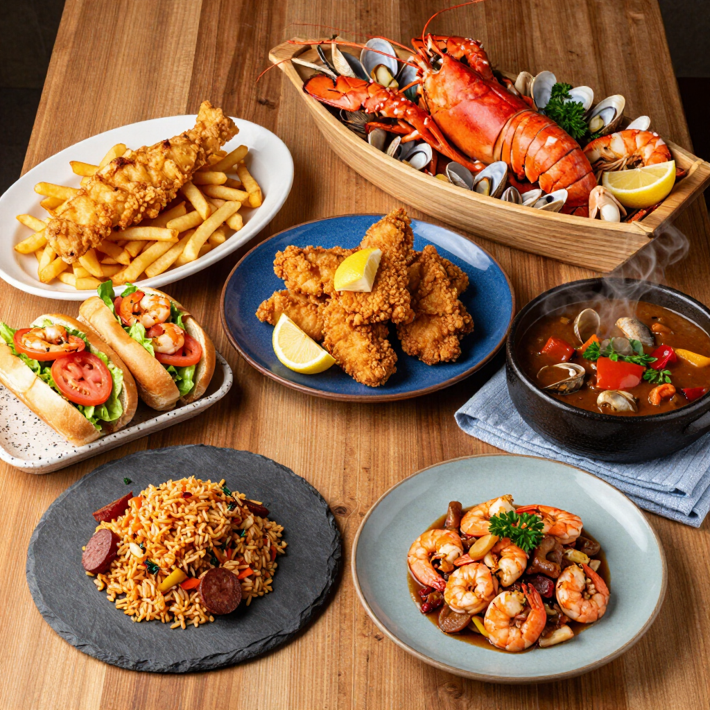 Assorted seafood dishes on a wooden table, including lobster, fried shrimp, tacos, and fries