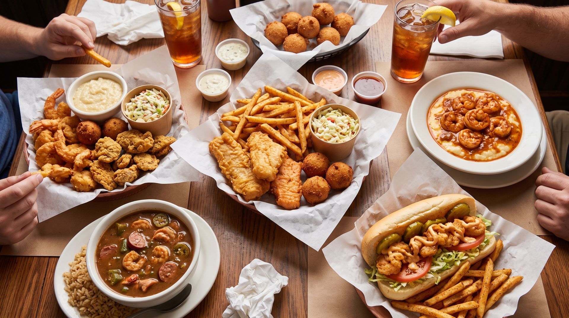 Overhead view of a table filled with fried appetizers, dips, fries, and iced drinks for sharing