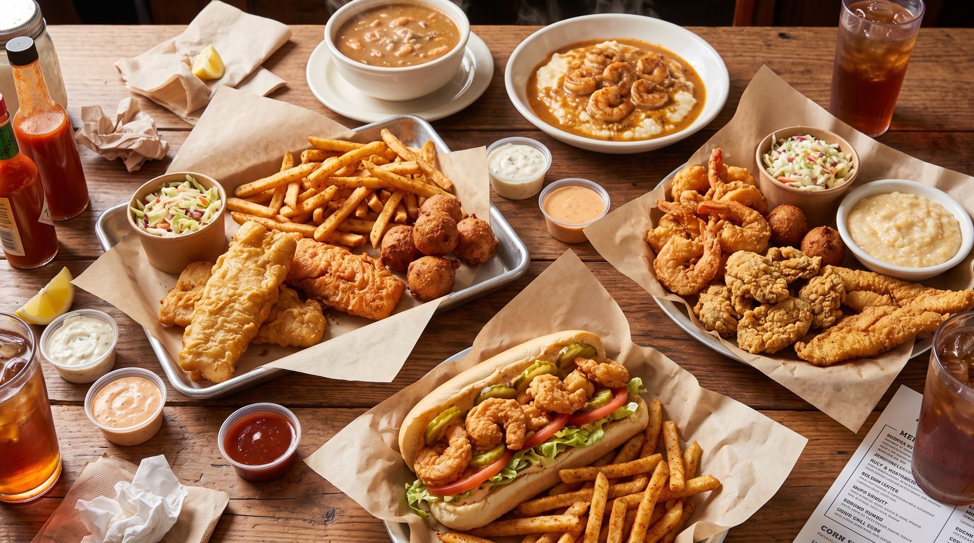Assorted fried chicken, fries, dips, and sandwiches on trays and paper-lined tables at a casual restaurant table