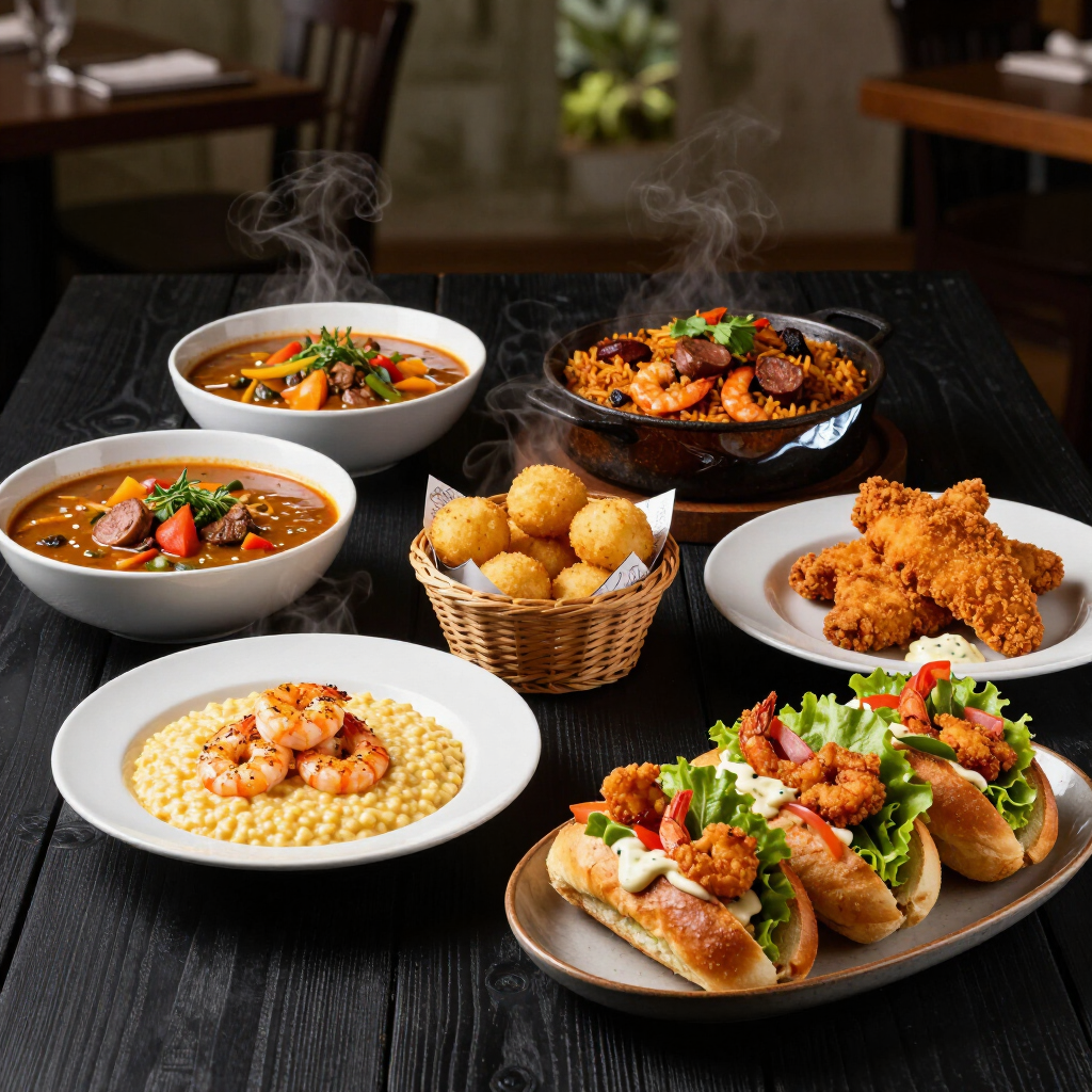 Assorted steaming dishes on a dark table, including soup, fried chicken, bread rolls, and loaded hot dogs