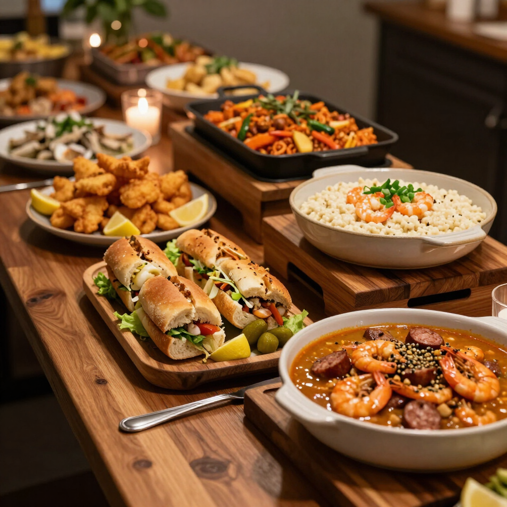Buffet table with assorted dishes, including shrimp, rice, spring rolls, and stir-fried vegetables