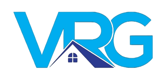 Blue and white VRG logo with a house roof and window integrated into the letters