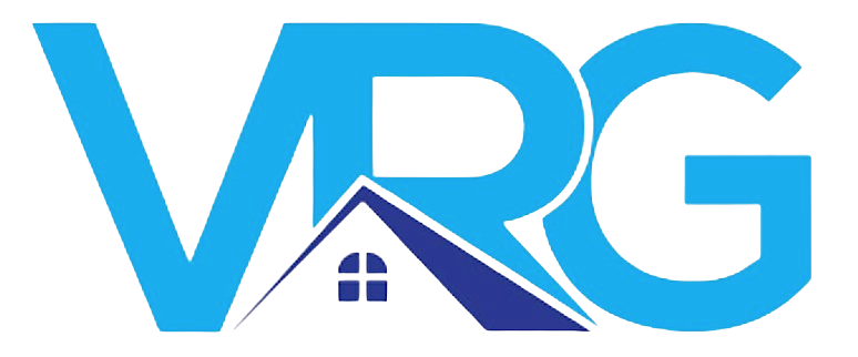 VRG logo with blue letters and a house roof icon forming the V