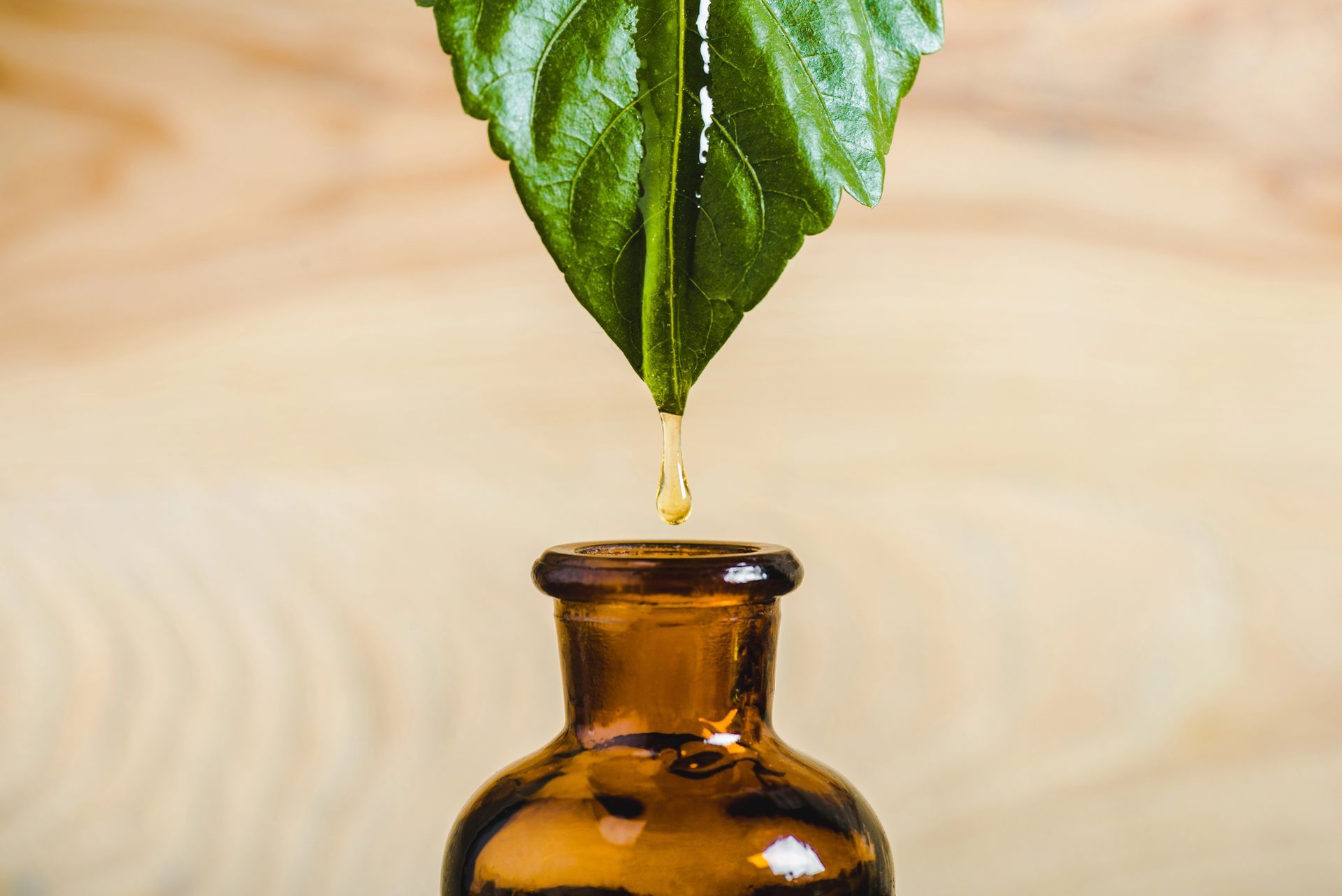 Una goccia di olio essenziale cade da una foglia verde in una piccola bottiglia di vetro ambrato, sullo sfondo sfocato di un legno.