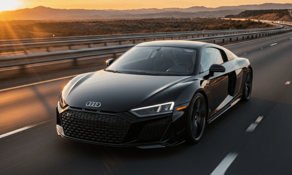 Black Audi sports car driving on highway at sunset
