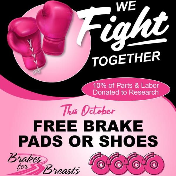 Pink breast cancer awareness ad with boxing gloves: “We Fight Together” and “Free brake pads or shoes” in October.