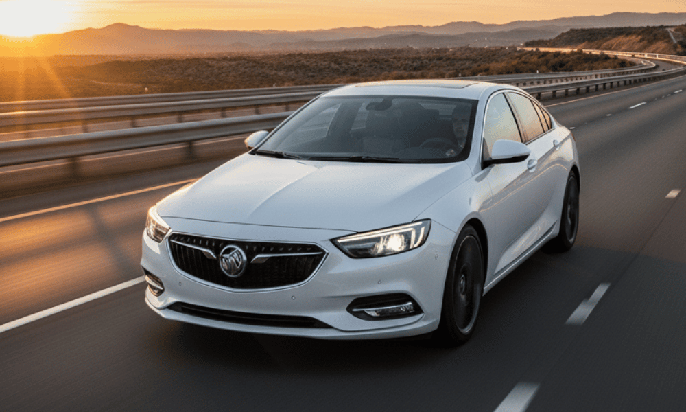 White Buick sedan driving on highway at sunset