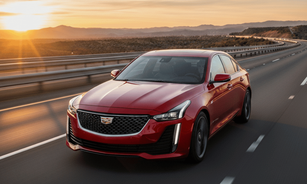 Red Cadillac sedan driving on highway at sunset