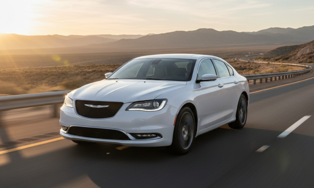 Chrysler sedan driving on highway at sunset