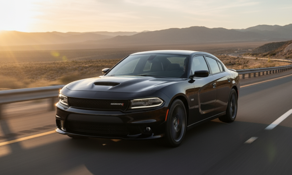 Dodge Charger driving on highway at sunset