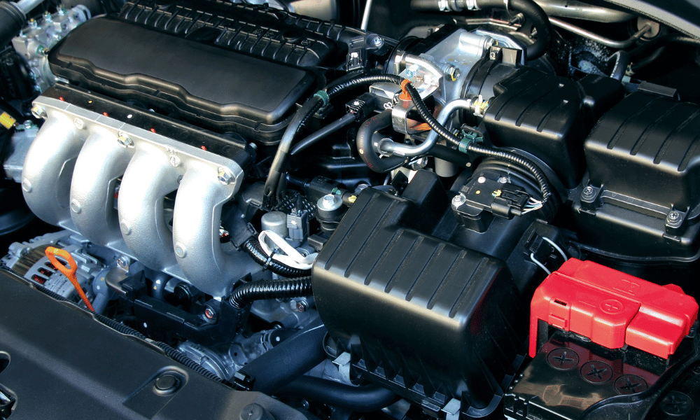 Close-up of clean vehicle engine components inside engine bay