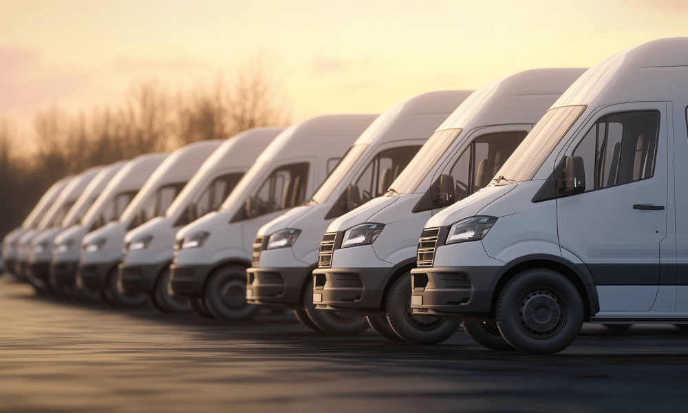 Fleet of commercial service vans lined up in parking lot at sunrise