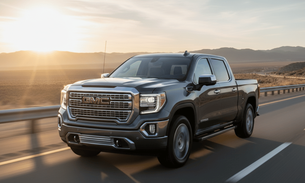 Black GMC pickup truck driving on highway at sunset
