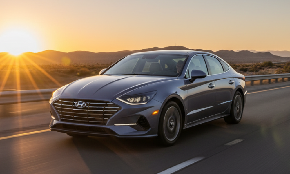 Hyundai sedan driving on highway at sunset