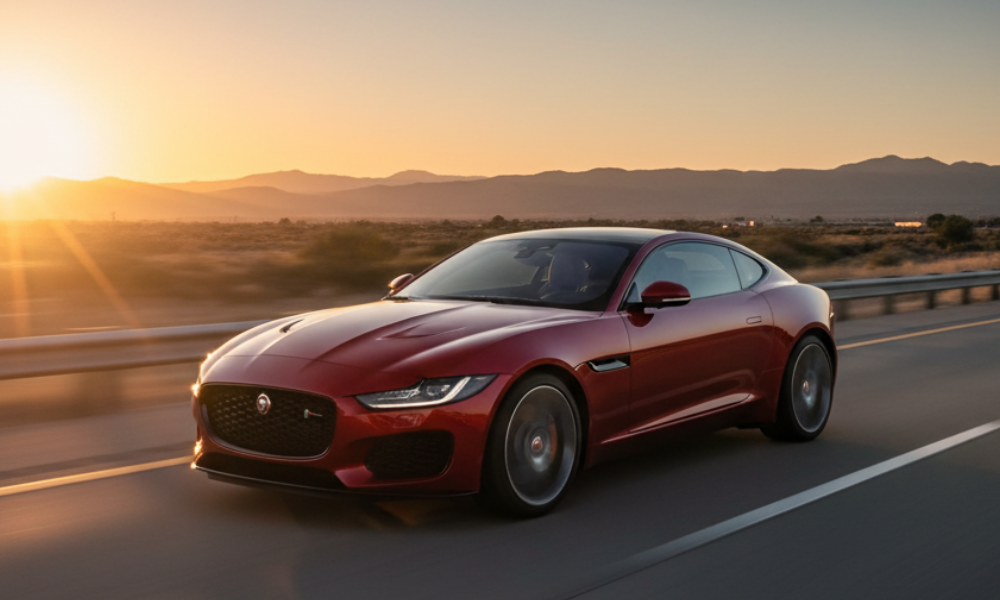 Jaguar sports coupe driving on highway at sunset