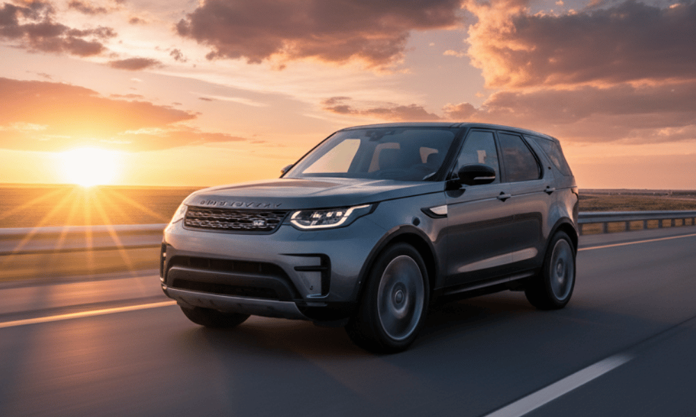 Gray Land Rover SUV driving on highway at sunset