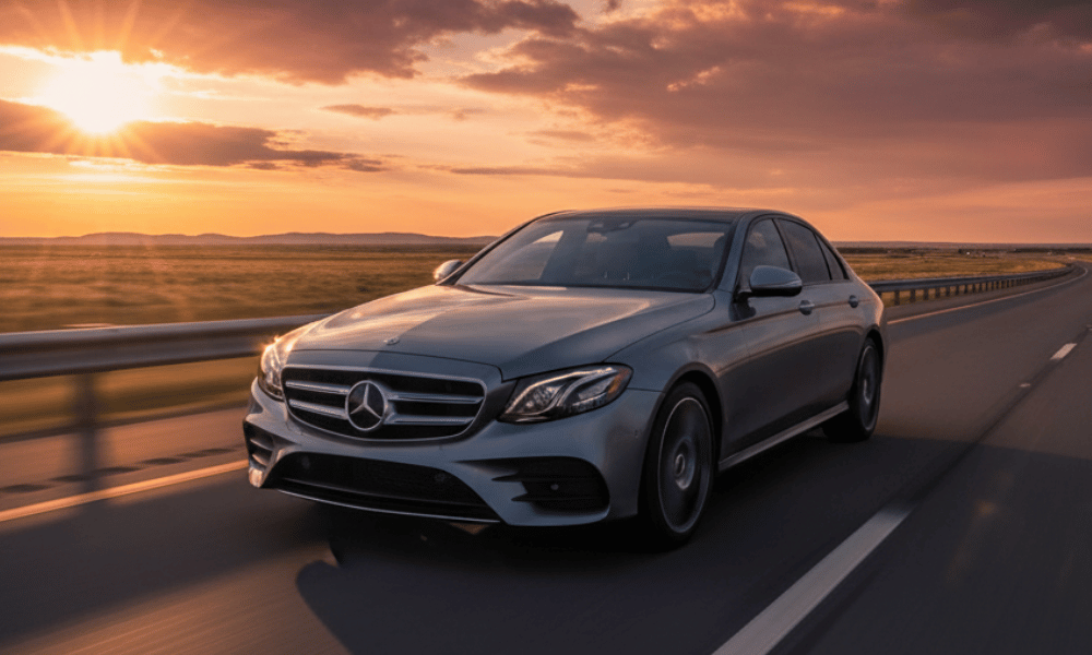 Silver Mercedes-Benz sedan driving on highway at sunset