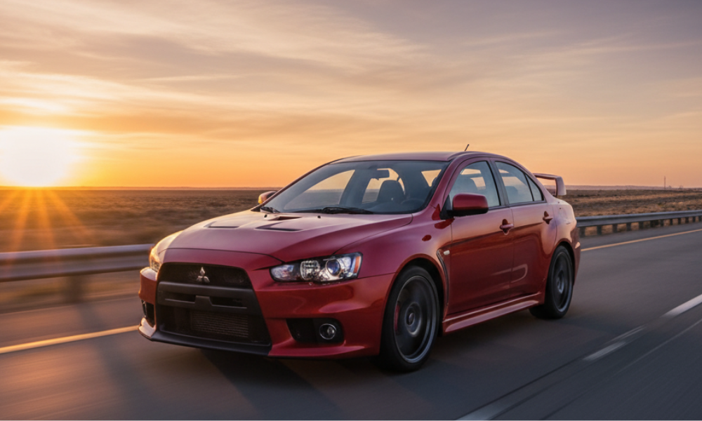 Mitsubishi performance sedan driving on highway at sunset