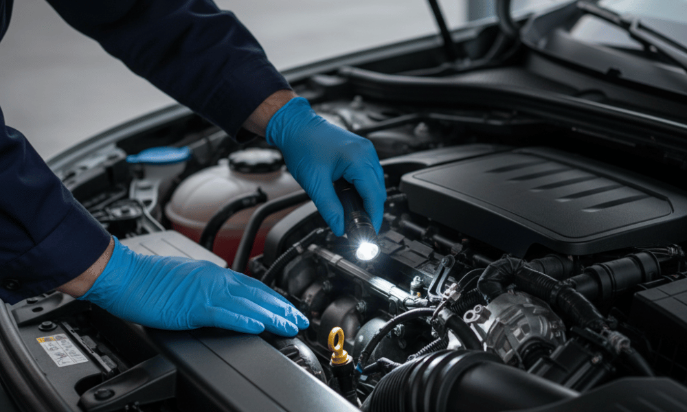 Technician performing pre-purchase vehicle inspection under hood