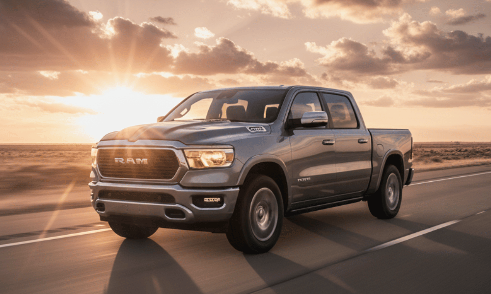 Gray RAM pickup truck driving on highway at sunset