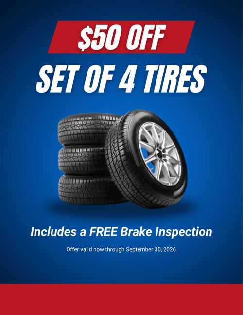 $50 off set of 4 tires with free brake inspection on blue background, tires stacked beside wheel