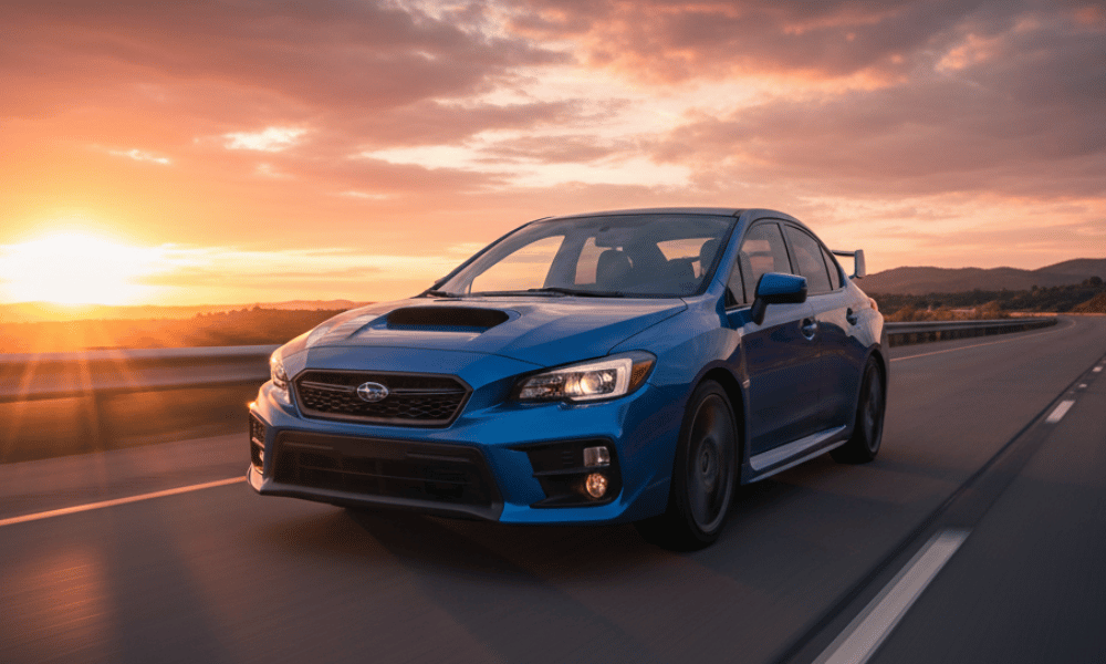 Blue Subaru sedan driving on highway at sunset