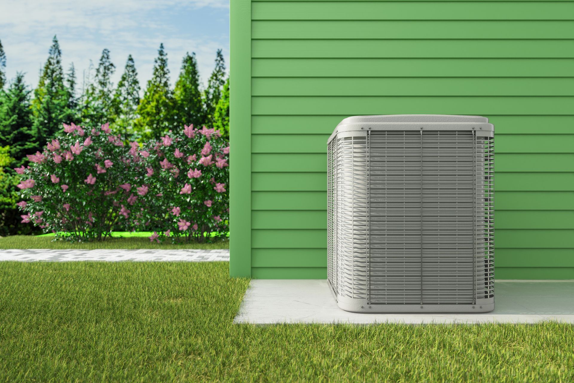 An outdoor AC unit beside a greenhouse with a garden, pink flowers, and trees