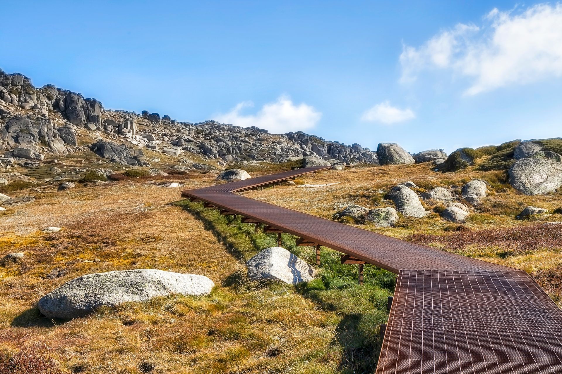 Snowy Mountains holidays. Boardwalk to Mt Kosciuszko.
