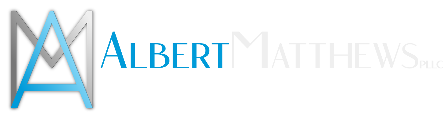 The logo for albert matthews is blue and white